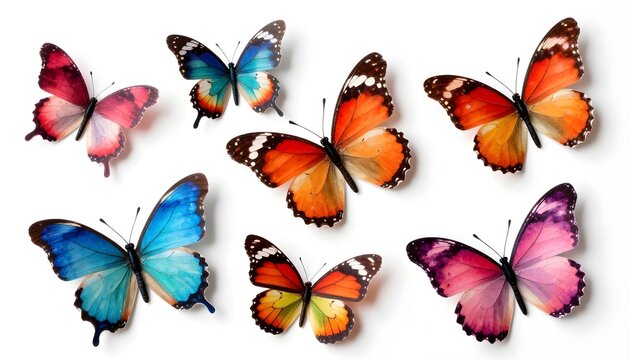 Collection of seven vibrantly colored butterflies arranged on a clean white background