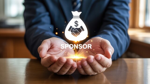 Businessman holding hands under a glowing "Sponsor" icon, symbolizing financial support, partnership, and investment in a new venture.