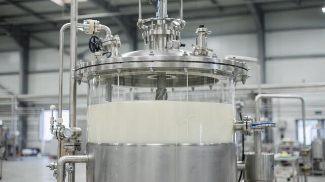 Medium shot of a carboxylated synthetic rubber reactor vessel with visible stirring mechanism emphasizing controlled polymerization and latex consistency in a factory setting.