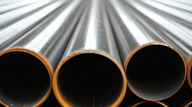 Close up view of stacked metal pipes ends showing circular cross sections and industrial material texture for manufacturing concept.