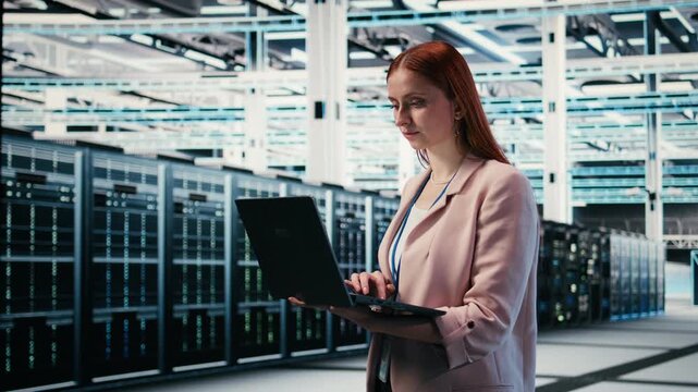 Happy woman in server room using notebook to enhance operational effectiveness of infrastructure. Joyous female engineer in data center using laptop to monitor rigs metrics, camera A