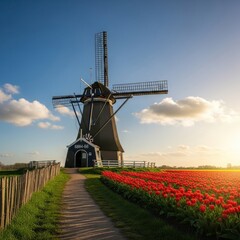 Naklejka premium Picturesque Dutch Windmill and Vibrant Tulip Field at Sunset.