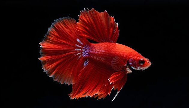 Vibrant red Betta fish with flowing fins against a stark black background
