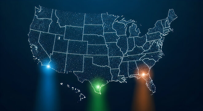 Abstract network map of united states with connected glowing points and lights
