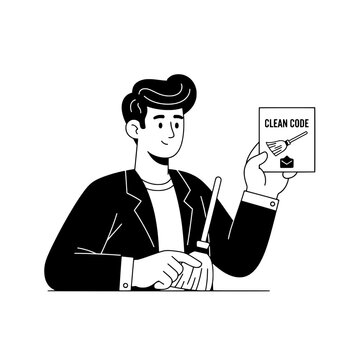 Professional designer holding clean code SVG illustration for software teams or Modern vector designer with clean code concept SVG assets for tech projects