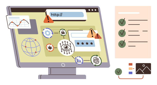 Cybersecurity, data protection, online privacy, internet safety, threat detection, digital monitoring. Computer screen browser, alert icons passwords and security elements. Cybersecurity and data
