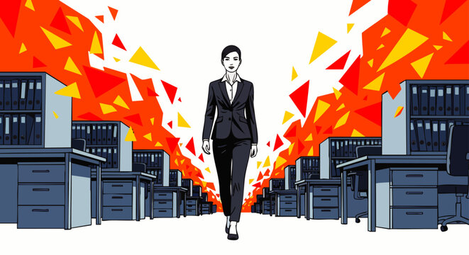 Confident businesswoman walks through chaotic office with exploding geometric shapes in background