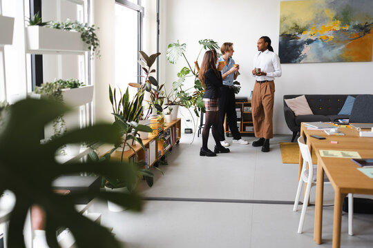 Three colleagues converse while holding cups in a modern office space filled with plants and artwork.