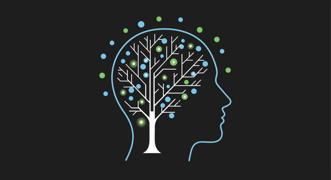 Human head silhouette with a vibrant brain tree made of circuits and data points, symbolizing digital intelligence and interconnected thought processes on a dark background.