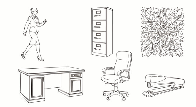 Office supplies and furniture collection: desk, filing cabinet, chair, stapler, woman walking, leaves pattern