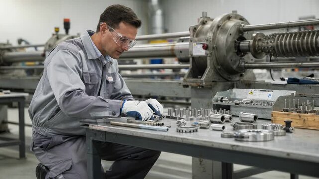 Close mediumangle view of maintenance worker examining replacement parts beside extruder components preparing for precise assembly and repair.