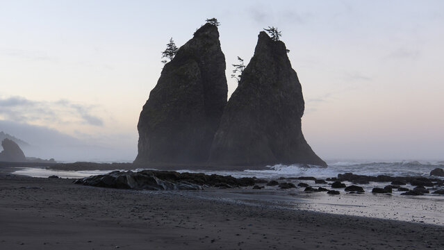 A beautiful sea stack in the ocean along Rialto Beach, Washington USA