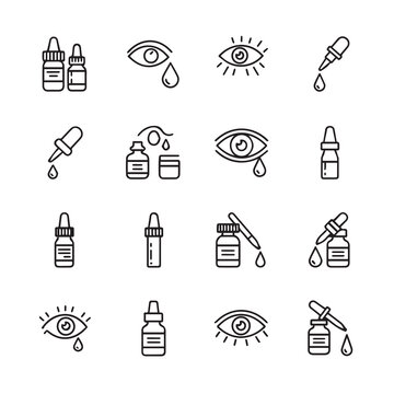 Eye Drops and Dropper Icons Set Medical Ophthalmic Liquid Containers and Vision Care Symbols Line Art