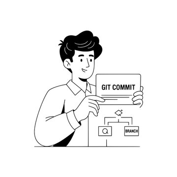 Line art designer holding an svg asset illustrating git commit workflow or Minimal vector illustration of a designer presenting git commit concept