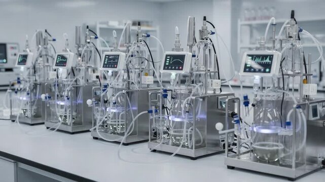 Medium shot featuring compact smallscale bioreactors with digital controls emphasizing precise cell culturing for earlystage biologic drug development.