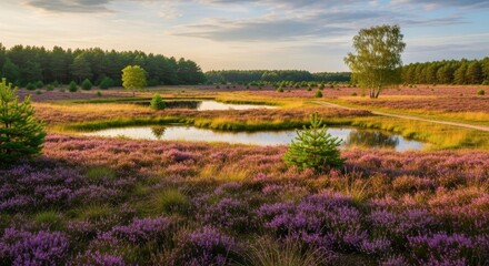 Fototapeta premium Picturesque landscape with heather blooming near small ponds at sunset.