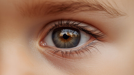 Fototapeta premium Child Eye Reflection. Macro close-up of a young child's eye (1–3 years old) with a clear reflective pupil showing a soft outdoor scene (light, trees or sky), smooth baby skin and fine details, innocen