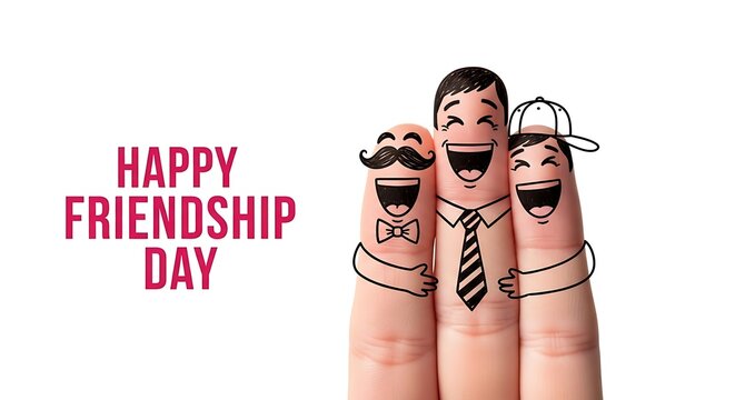 Three fingers decorated with funny hand-drawn faces celebrating a happy friendship day together