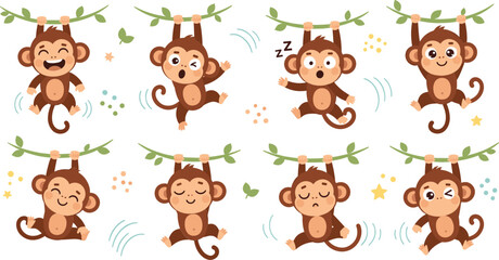 Cute monkey hanging on branch vector illustration set with playful poses, jumping, sleeping and smiling cartoon jungle animal collection design © Jahangir