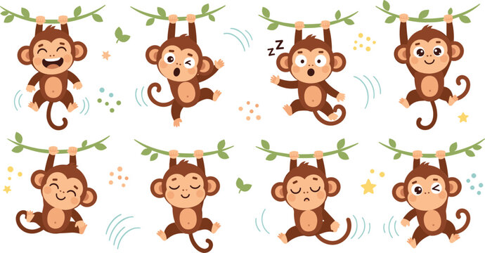 Cute monkey hanging on branch vector illustration set with playful poses, jumping, sleeping and smiling cartoon jungle animal collection design