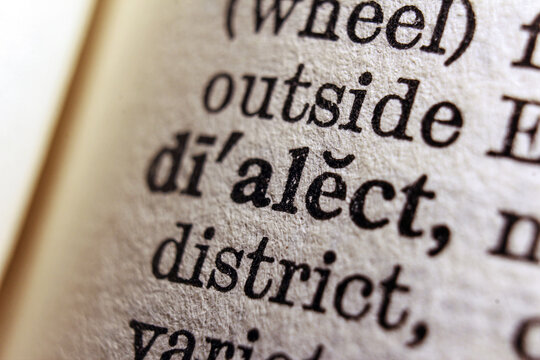 Word dialect printed on dictionary page, macro close up