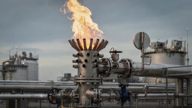 Medium shot focusing on an open flare stack burning excess gases safely integrated with rupture disks and vent headers feeding into the flaring device.