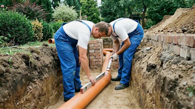 Two men working, installing orange plastic pipe in trench during plumbing or drainage system construction, leveling tube with tool