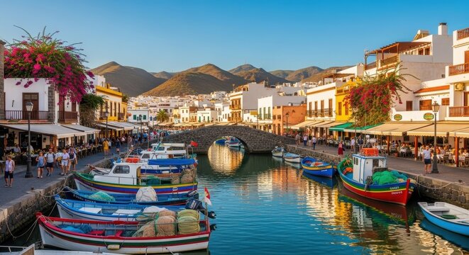 Picturesque Puerto de Mog?n harbor with colorful boats and architecture.