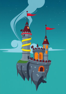 Fantasy floating castle featuring unique glowing spiral towers