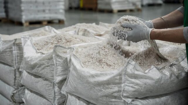 Closeup medium shot of tote bags filled with raw nutrient salts carefully stacked and inspected on the factory floor prior to blending and packaging.