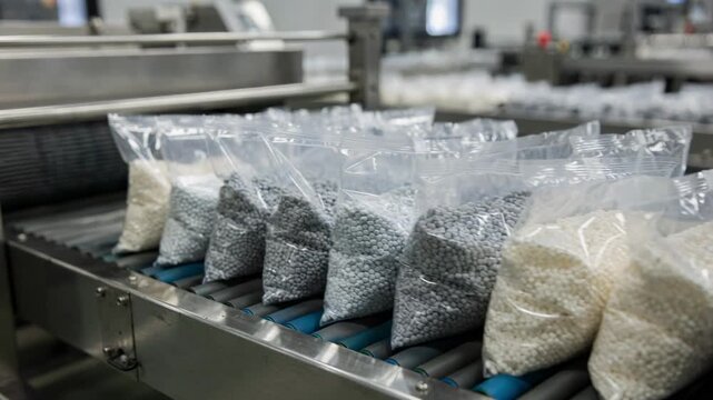 Medium shot capturing small sacks being filled with finished plastic pellets sealed and neatly arranged on a conveyor belt ready for shipping.
