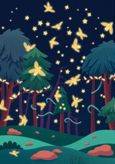Naklejka premium Whimsical forest fireflies forming glowing geometric constellation patterns