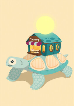 Whimsical tiny bakery traveling on the shell of a glowing turtle
