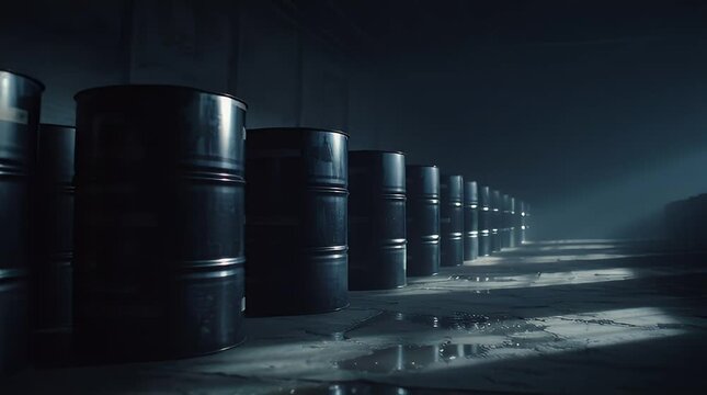 Dark Industrial Warehouse with Rows of Metal Barrels and Ray of Light