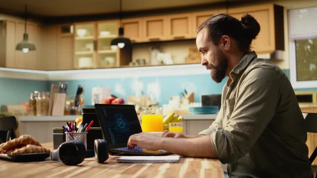 Administrator working remotely with AI tools and laptop for data and metrics, artificial intelligence systems with machine learning and neural networks. Task management during daytime teleworking.