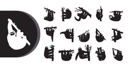 Fototapeta premium A collection of black and white silhouettes of sloths hanging from trees in various poses