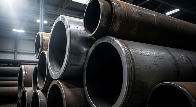 A close up view of heavy duty industrial metal pipes stacked in a large manufacturing warehouse. rury stalowe