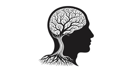 Solid Black Human Head Silhouette with Barren Tree Brain and Roots, Thought Concept, Isolated White Background.
