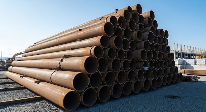A large stockpile of industrial rusty steel pipes stacked neatly in a construction site yard area. rury stalowe. rury stalowe
