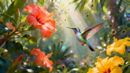 Fototapeta premium Vibrant hummingbird flying amidst lush tropical flowers with sunbeams filtering through green foliage