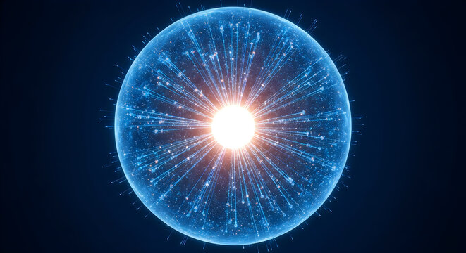 Abstract glowing blue sphere with radiating light and particles, representing energy core