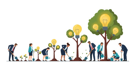 Naklejka premium Set of 10 business people planting lightbulb trees vector