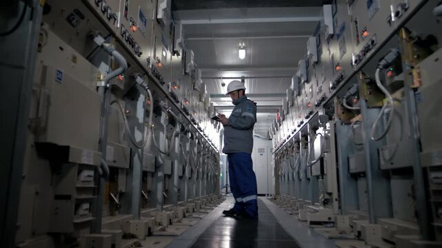 A power plant worker monitors the performance of devices in a high voltage switchboard