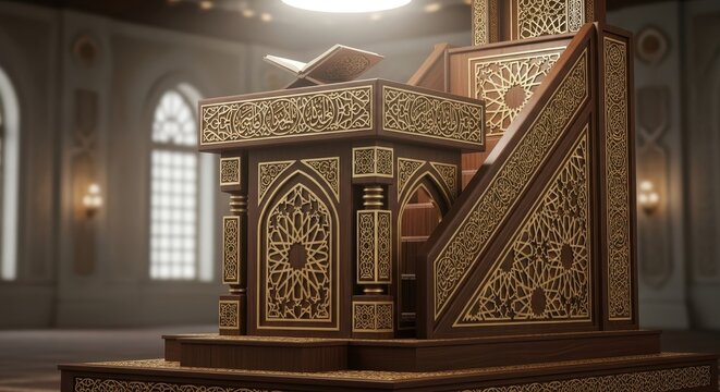 Ornate Islamic Minbar in Mosque Interior with Quran.