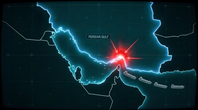 Digital map of Persian Gulf with red alert at Strait of Hormuz