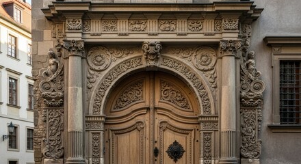 Obraz premium Ornate Wooden Doorway in Krakow, Poland - A Detailed Architectural View.