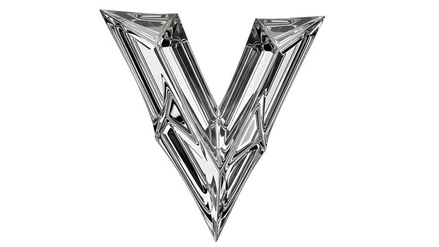 Abstract three dimensional letter v sculpture made of polished chrome metal with sharp geometric facets isolated on white background for branding