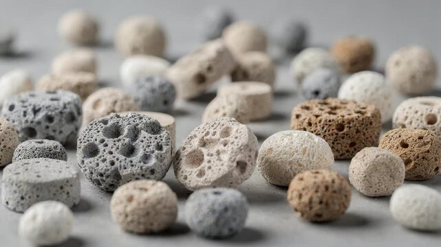 Medium frame of mixedoxide catalyst pellets exhibiting varied colors and porous surfaces emphasizing advanced chemical reaction potential.