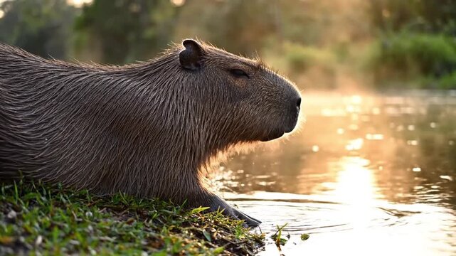 A calm and cinematic close-up of a capybara resting peacefully at the edge of a sunlit river, with gentle ripples reflecting warm golden light.
