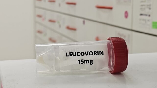  Box of LEUCOVORIN 15mg tablets on a hospital pharmacy table used to reduce methotrexate toxicity a folinic acid supplement.